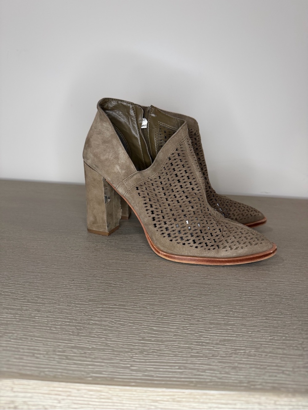 Vince Camuto Taupe Suede Perforated Block Heel Booties